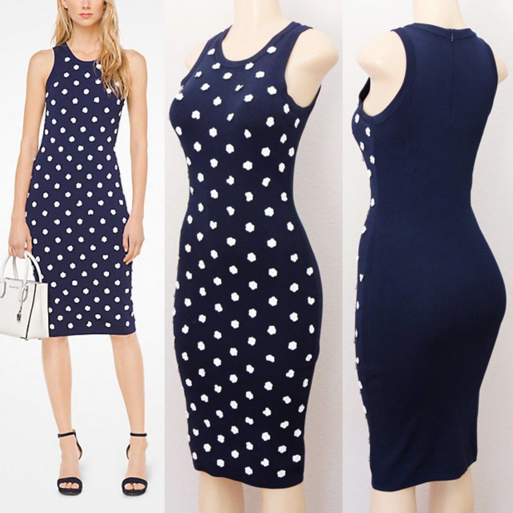 Michael Kors Navy Blue White Sequins Floral Rosette Embellished Knit Midi Dress